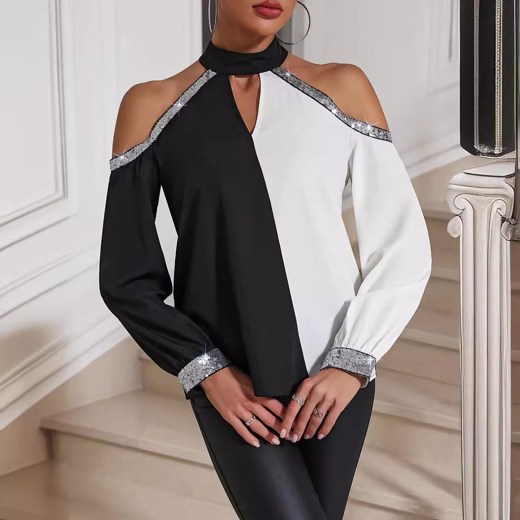 Dame Cut-Out Bluse med skinnende accenter og asymmetrisk design Stilla