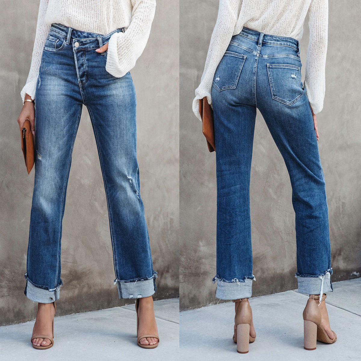 Dame High-Waist Jeans med afslappet Wide-Leg-snit og frynset ender Stilla