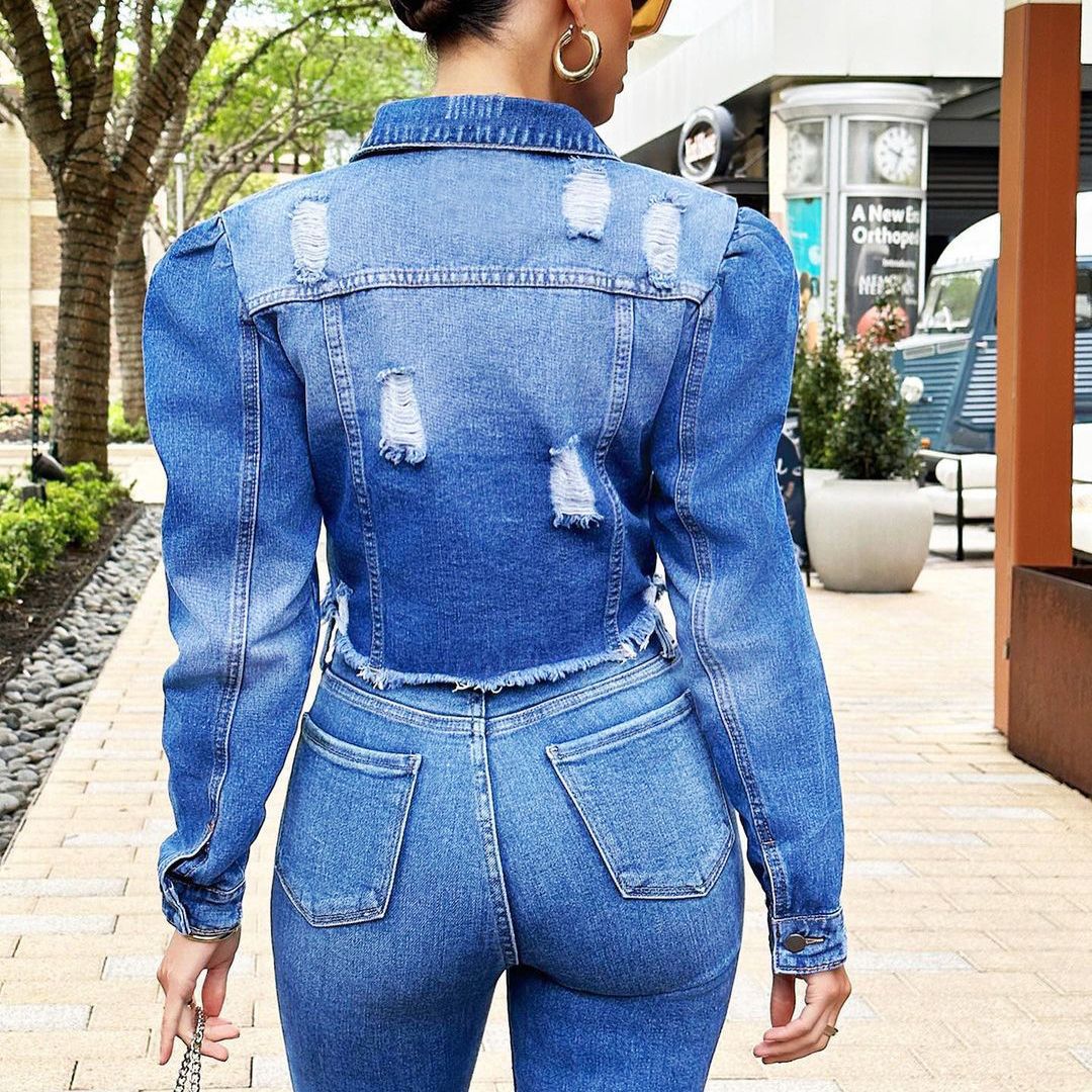 Dame Denim-jakke med puffærmer og dekorativ krave Stilla