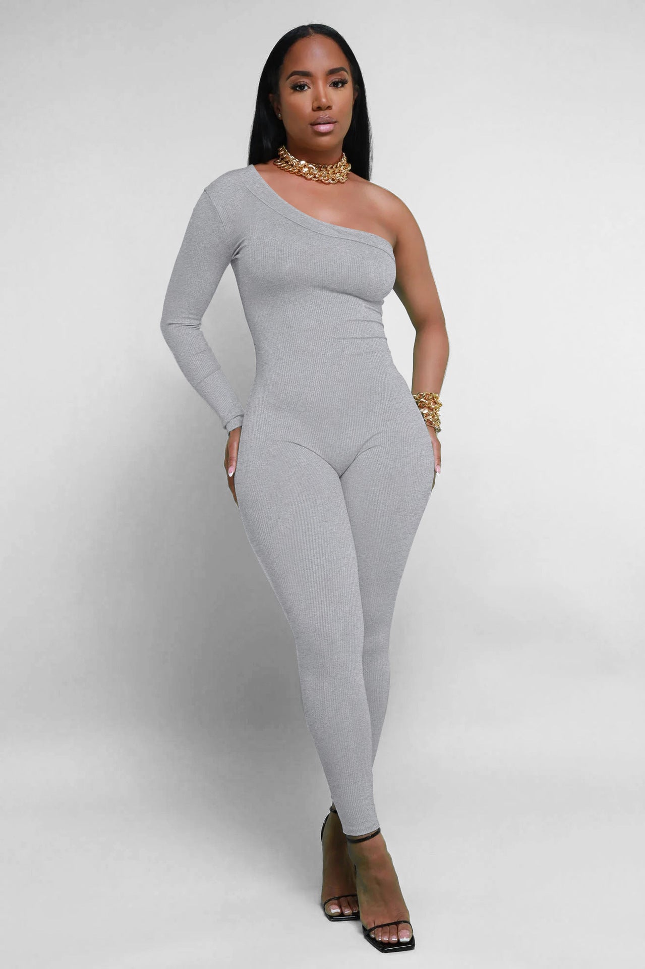 Dame Asymmetrisk Langærmet Jumpsuit i ribbet materiale Stilla