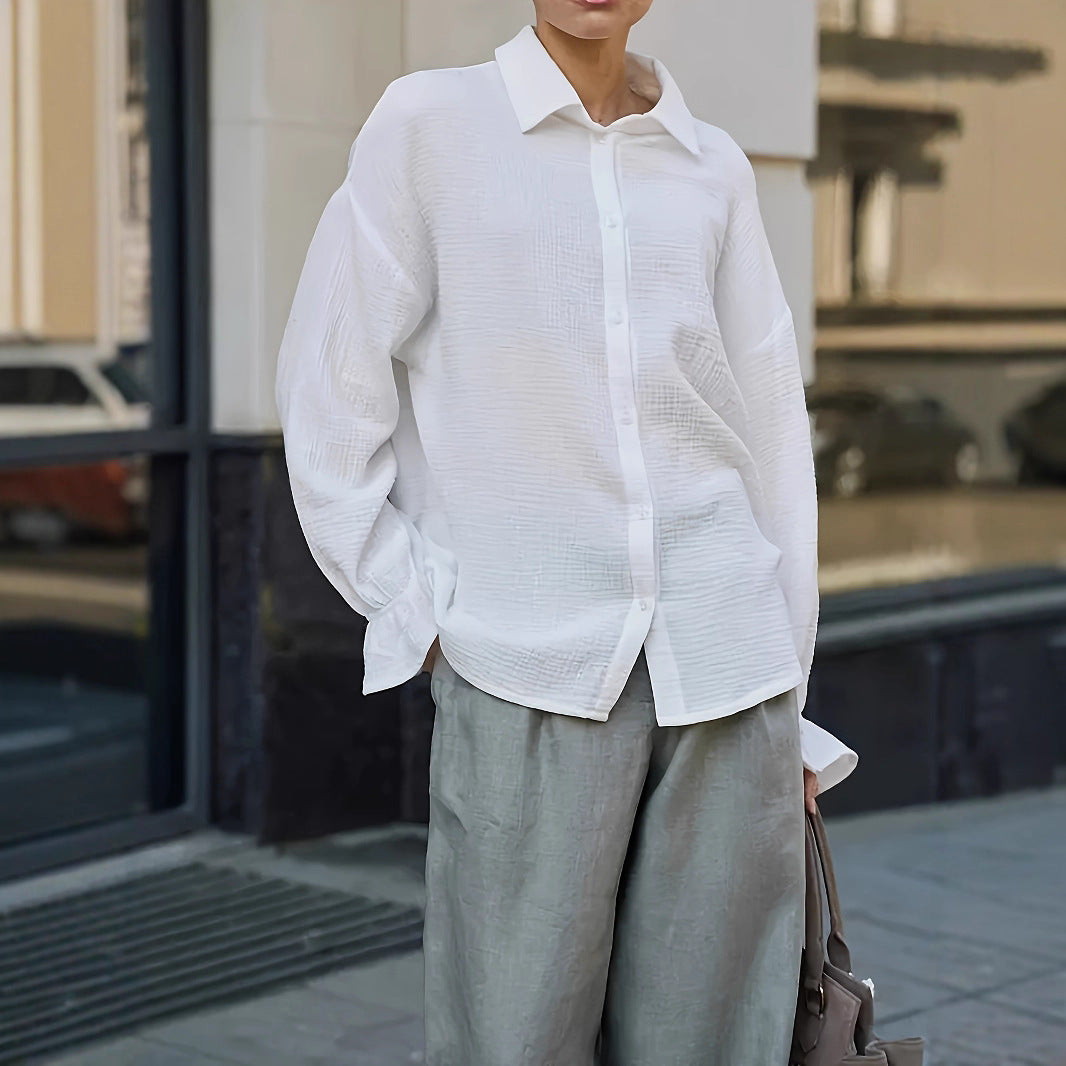 Dame afslappet bluse med struktureret mønster og opklappelige ærmer Stilla