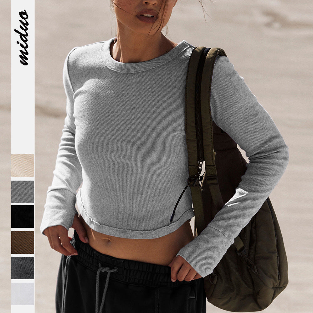 Dame cropped Langarmtrøje med fin ribstruktur Stilla