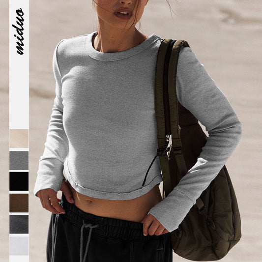 Dame cropped Langarmtrøje med fin ribstruktur Stilla