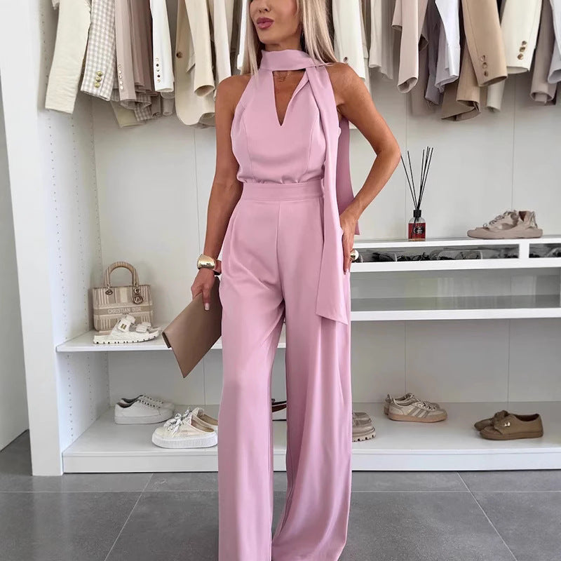 Dame Elegant Bredbenet Overall med Stilfuld Sjal-Detalje Stilla