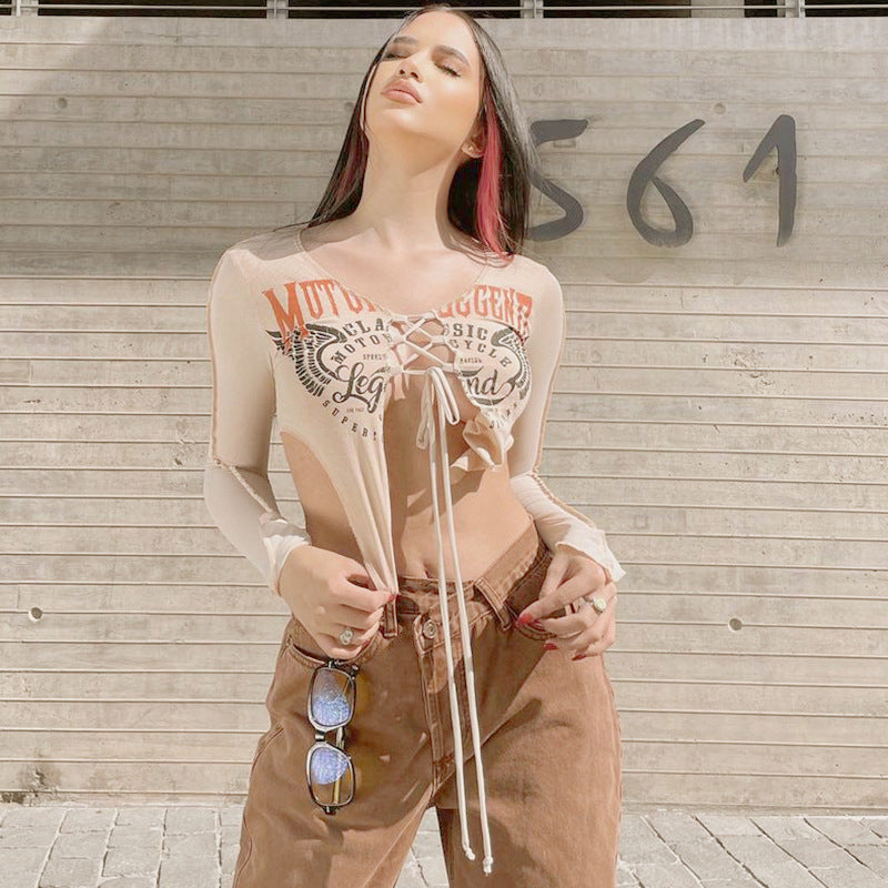 Dame afslappet longsleeve blouse med snøring Stilla