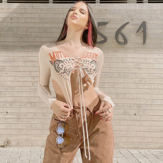 Dame afslappet longsleeve blouse med snøring Stilla