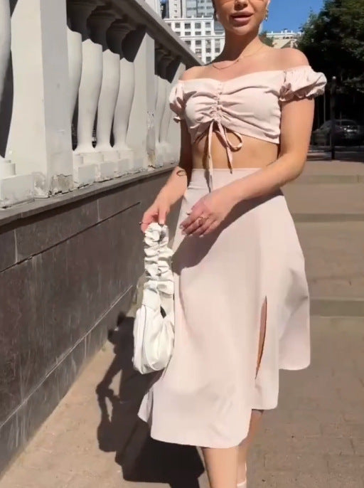 Dame Crop-Top med rynk og åben skulderparti Stilla