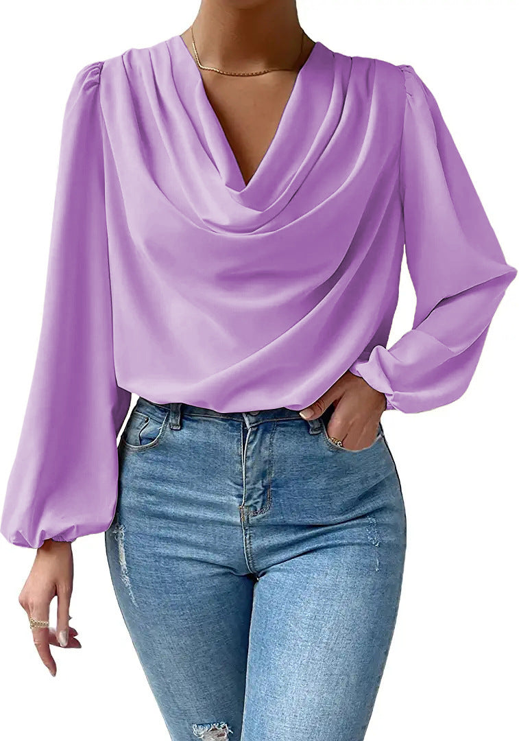 Dame elegant bluse med asymmetrisk krave og lange puffærmer Stiila