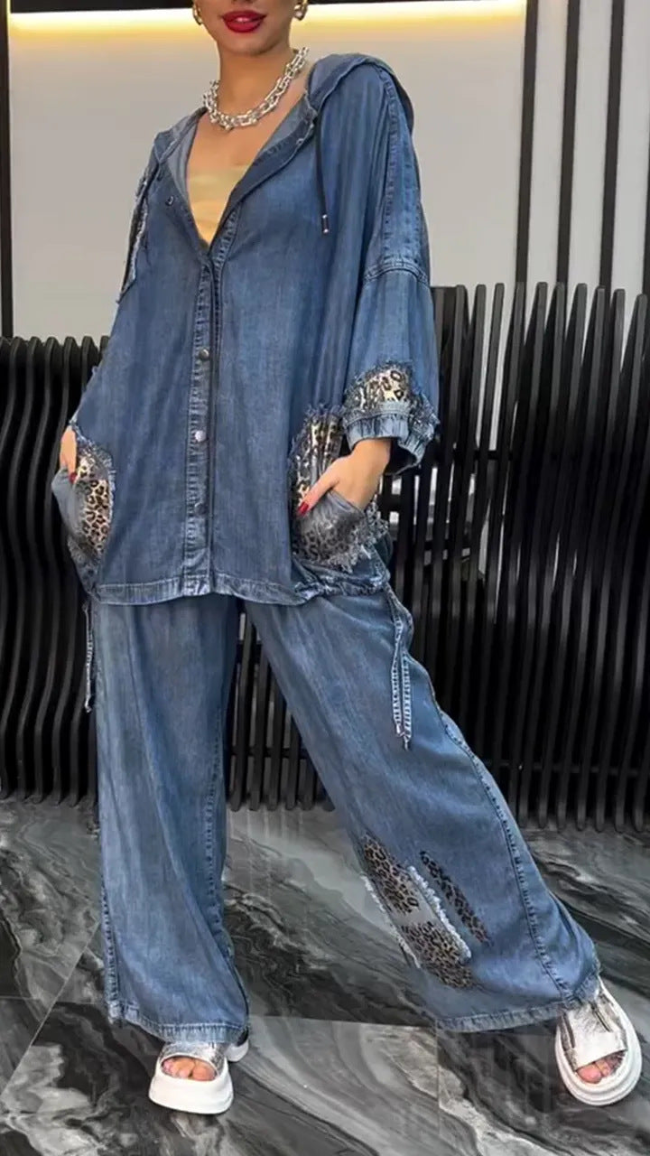Dame afslappet denim sæt med hætte og dyreagtige accenter Stilla