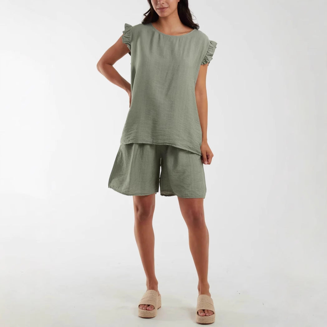 Dame afslappet kortærmet sæt med flæsedetaljer og praktiske lommer Stilla