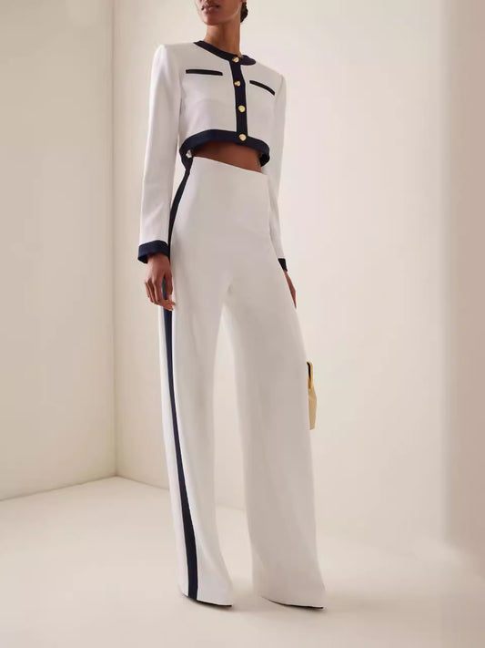 Dame elegant cropped blazer sæt med vidde bukser og gyldne knapper Stilla