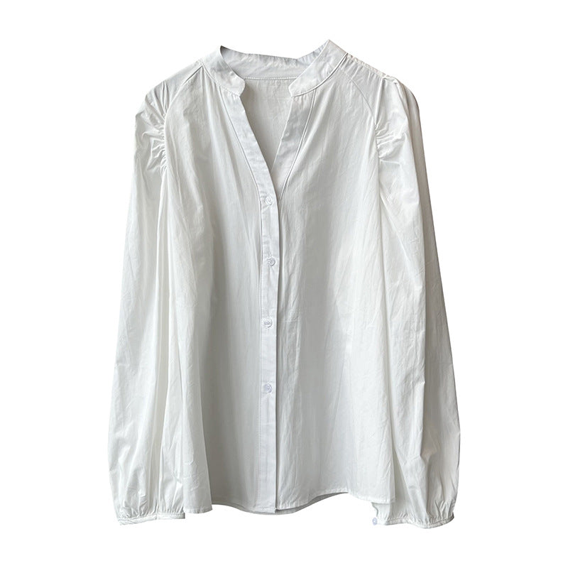Dame elegant Bluse med pufærmer og ståkrave Stilla