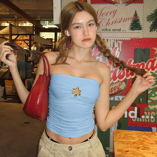 Dame Elegant bandeau top med flot blomsterapplikation Stilla