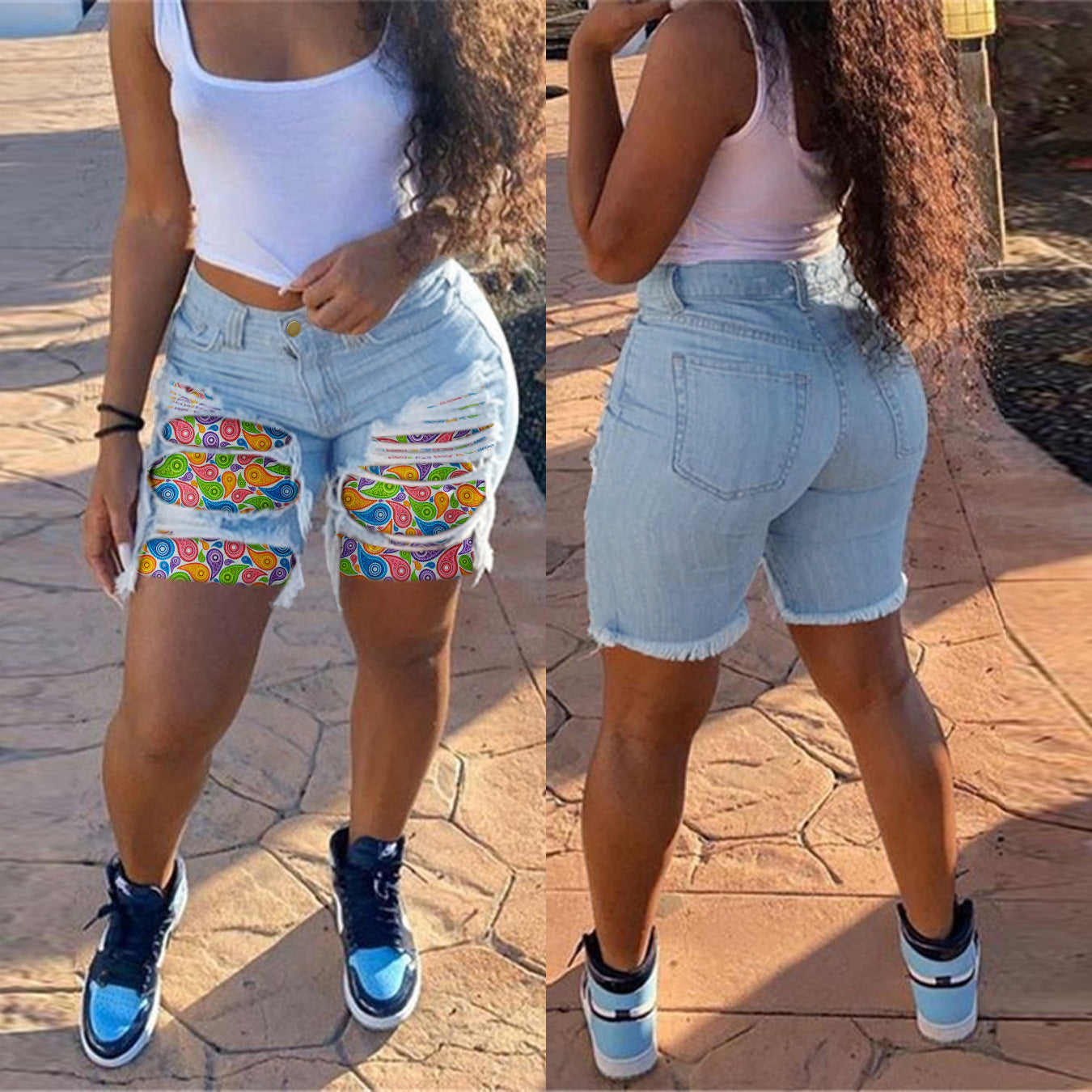 Dame Destroyed Denim Shorts med farverigt mønstertryk Stilla