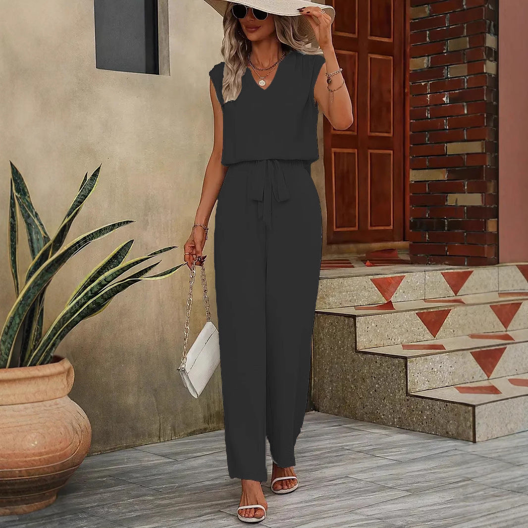 Dame Elegant Jumpsuit med vidde ben og V-udskæring Stilla