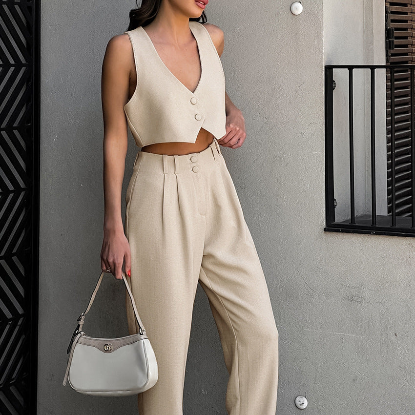 Dame afslappet Crop-Top og høj talje bukser sæt med elegante knapdetaljer Stilla