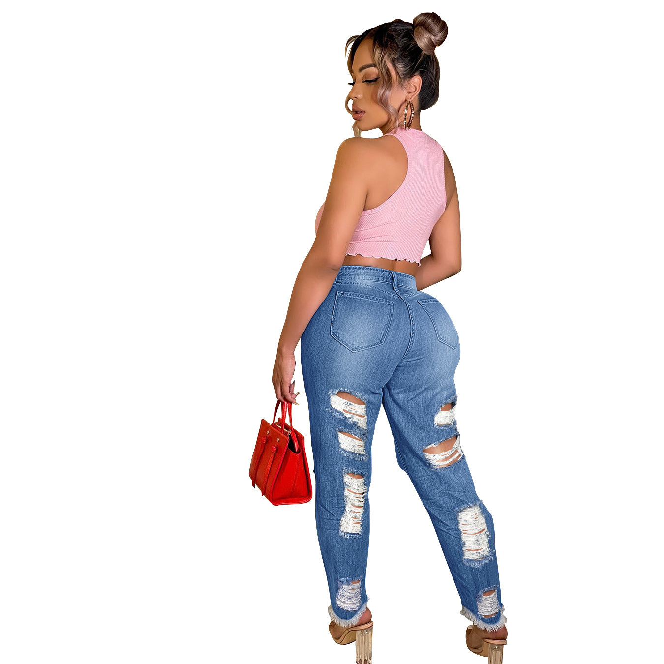 Dame Destroyed Jeans i moderne vintage-look med frynsede elementer og høje revnedetaljer Stilla