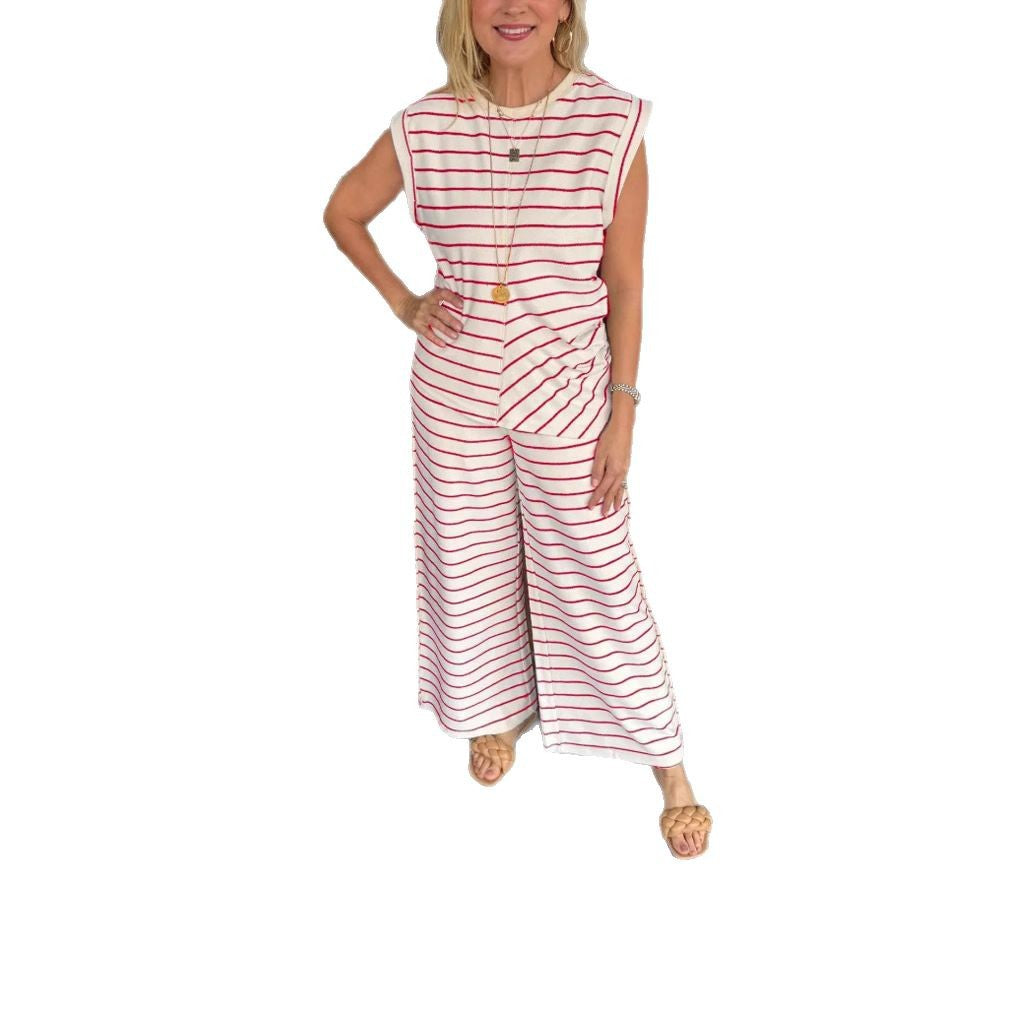Dame stribet jumpsuit med bred ben og ærmeløst design Stilla