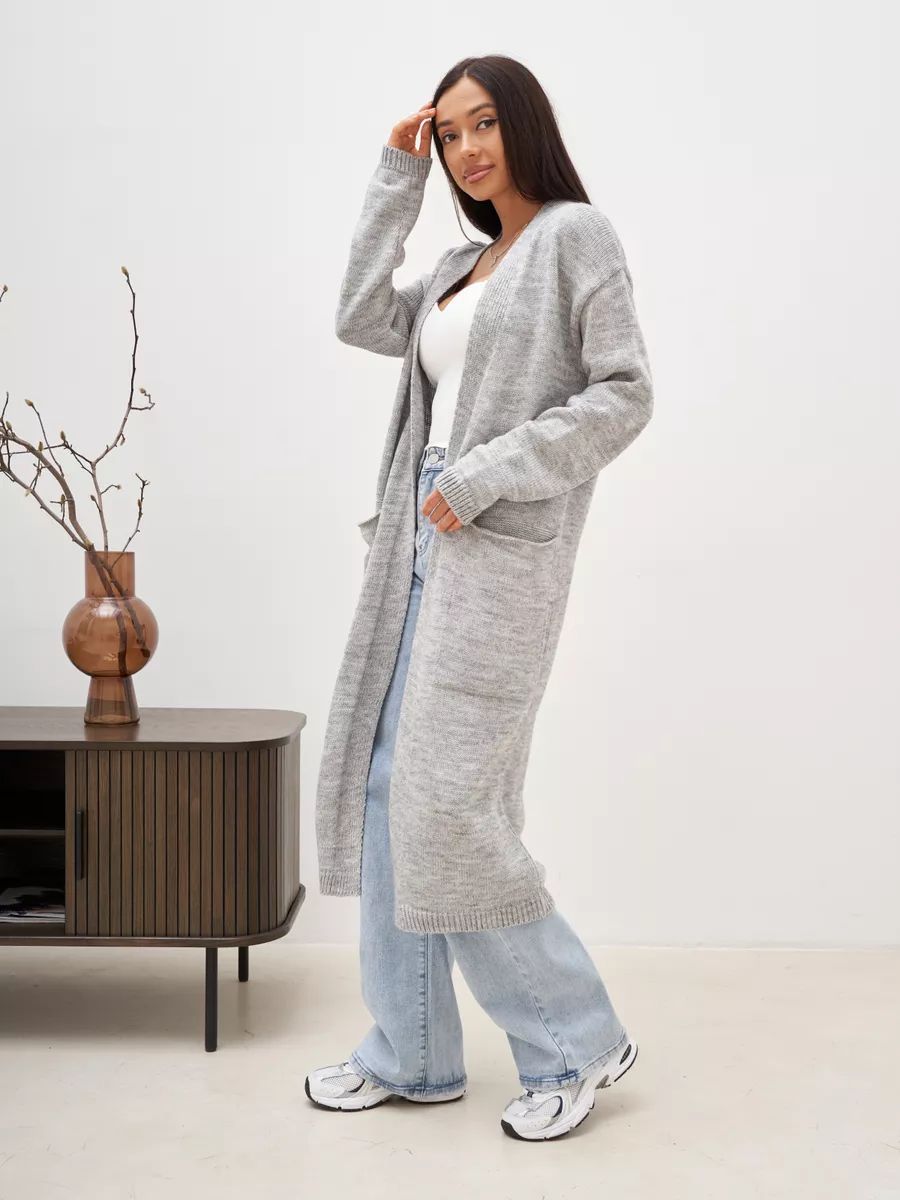 Dame elegant cardigan med talje bælte og dybe lommer Stilla