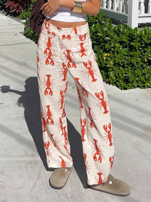 Dame afslappede linnedbukser med maritim hummermotiv og løs pasform Stilla