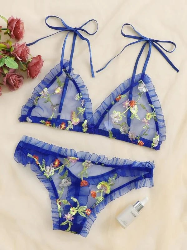 Dame broderet chiffon bralette og bikini sæt Stilla