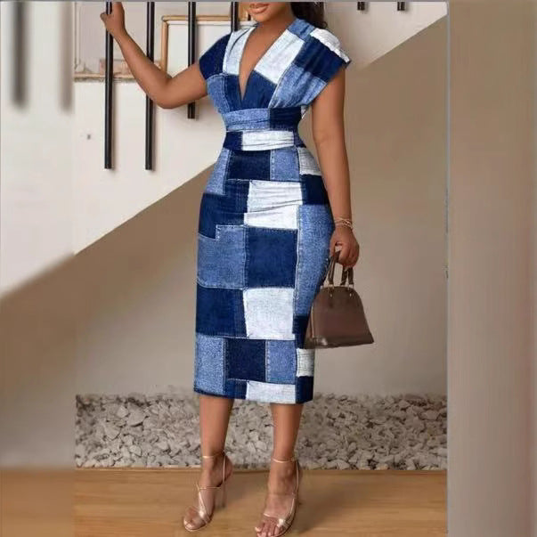 Dame Denim-Patchwork-Midi-Kjole Stilla