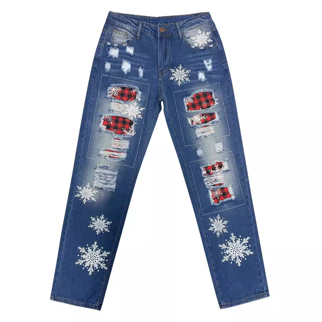 Dame Destroyed Jeans med vinterlige motiver Stilla