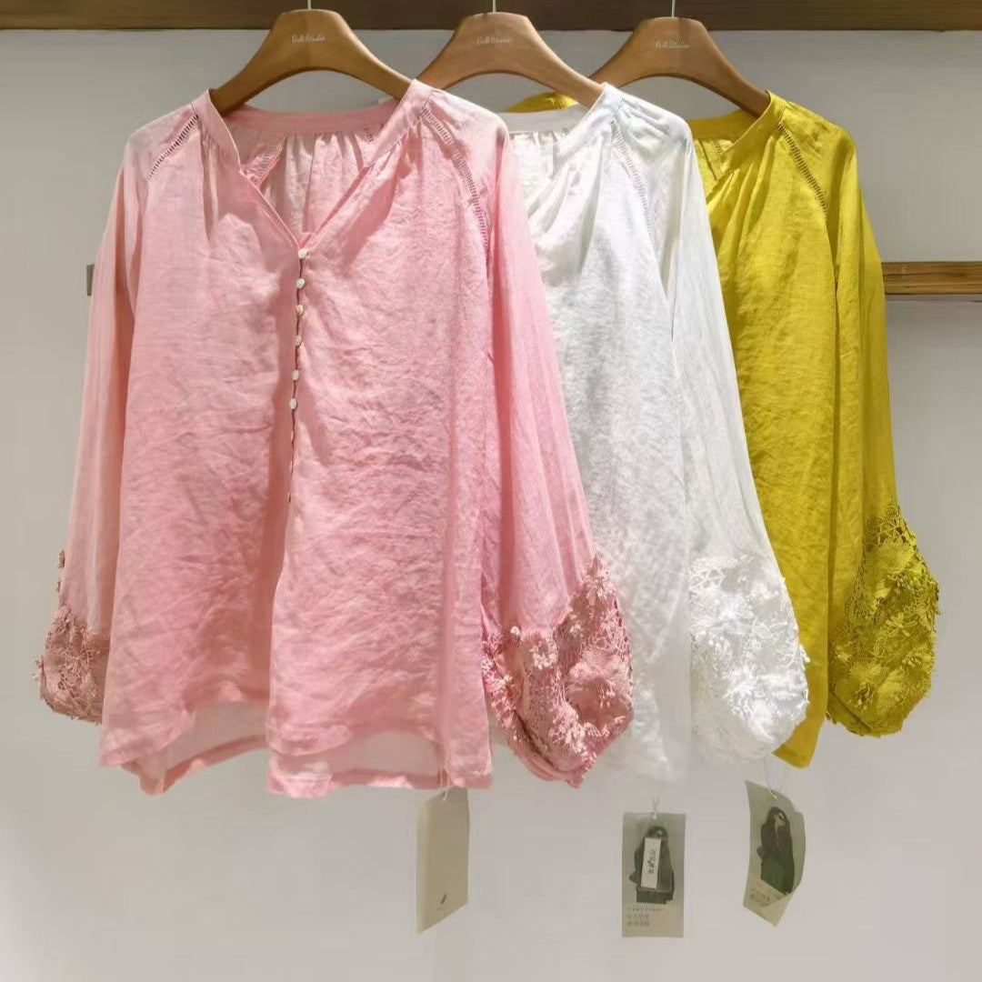 Dame Elegant Bluse med Blonder og Knapper Stilla