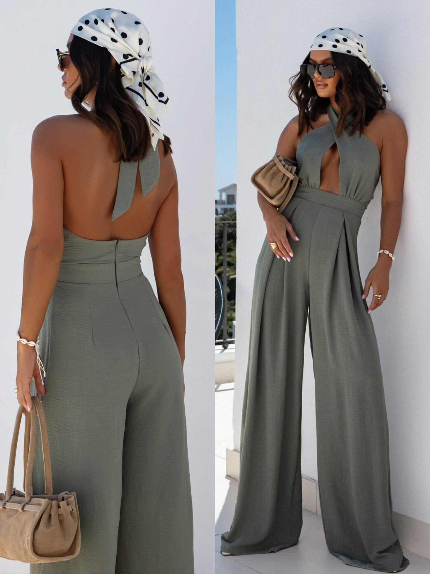 Damer Elegant Jumpsuit med dyb udskæring og bredt skåret ben Stilla