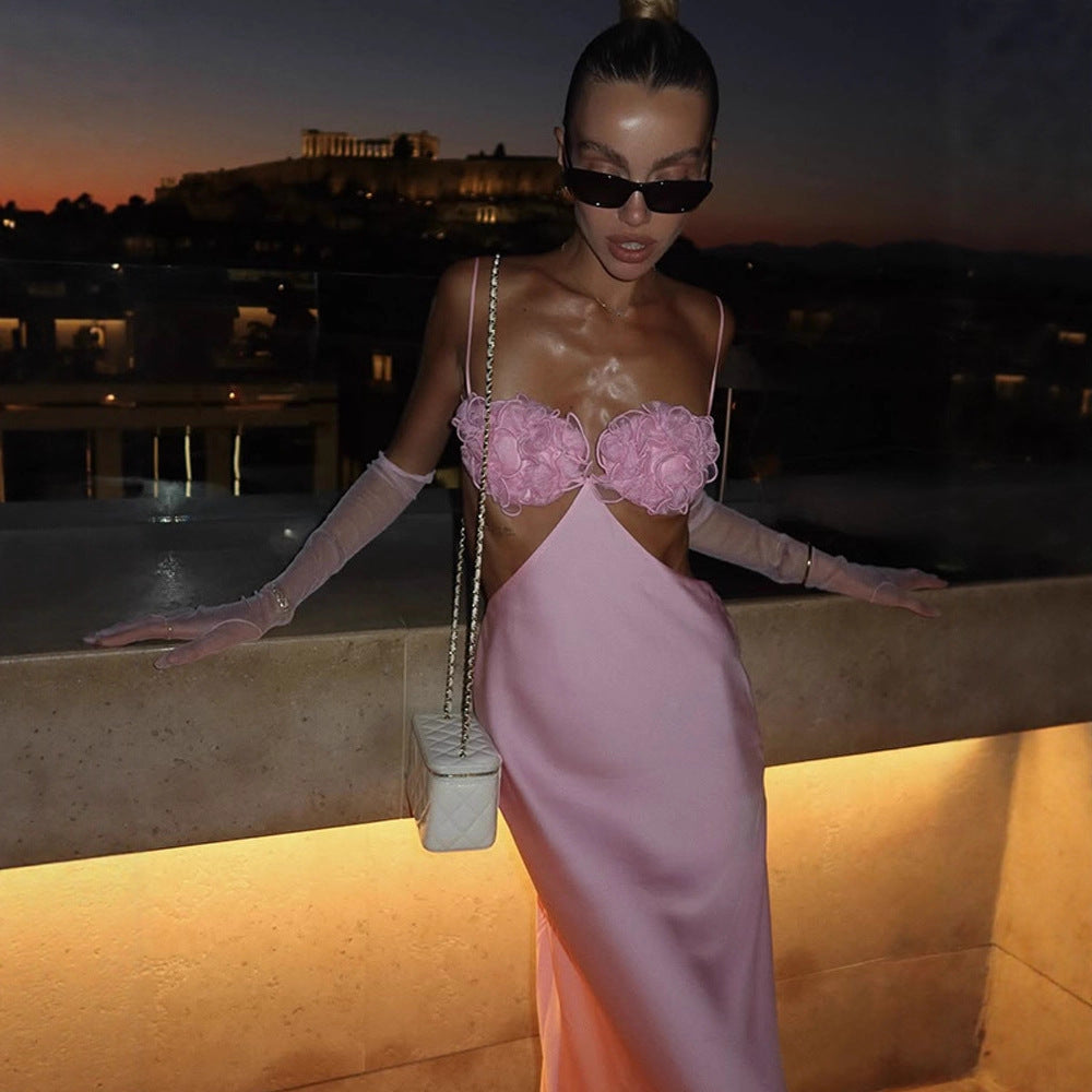 Dame elegant gulvlængde kjole med floral blondeindsats Stilla