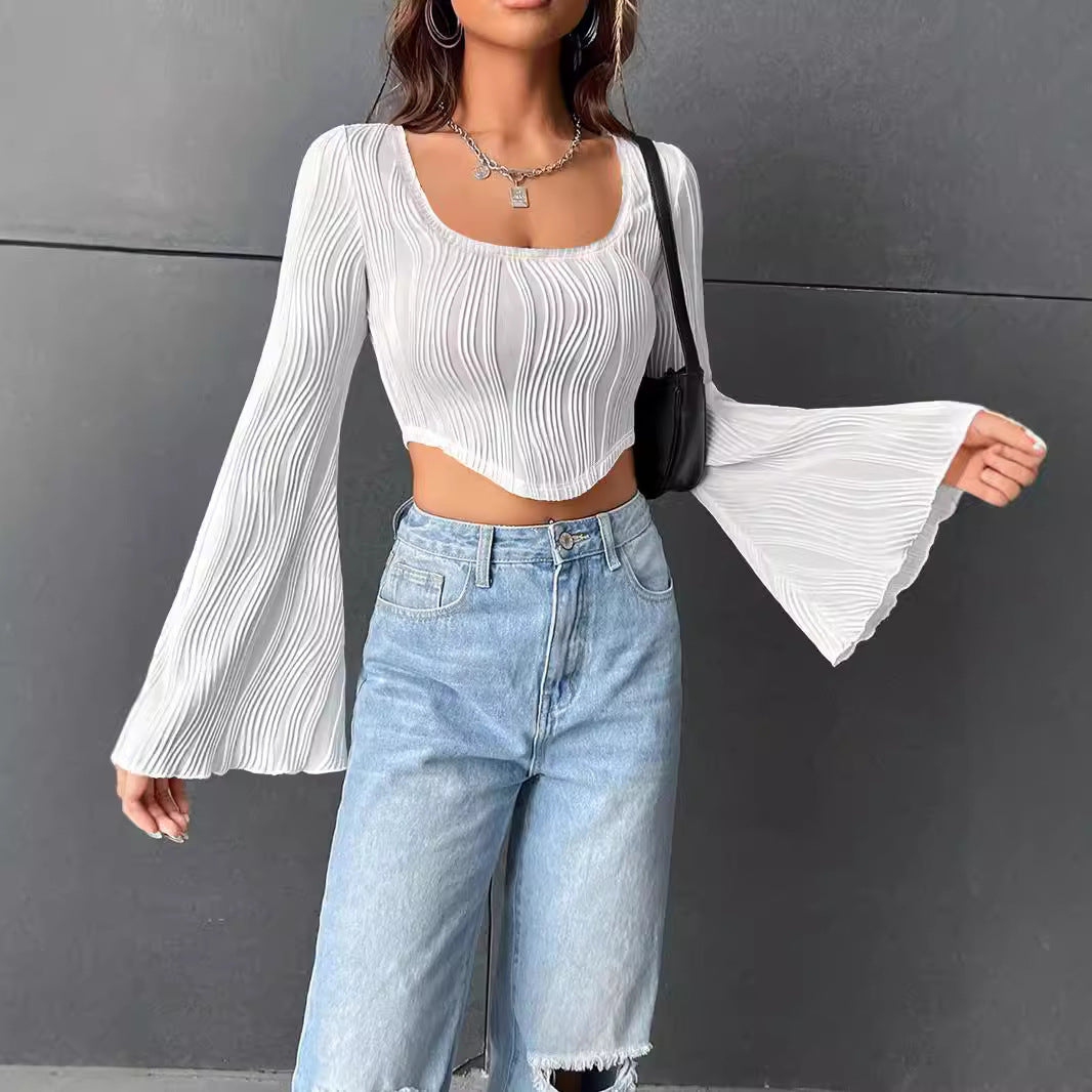 Dame Cropped Top med Volantærmer og Ribbstruktur Stilla