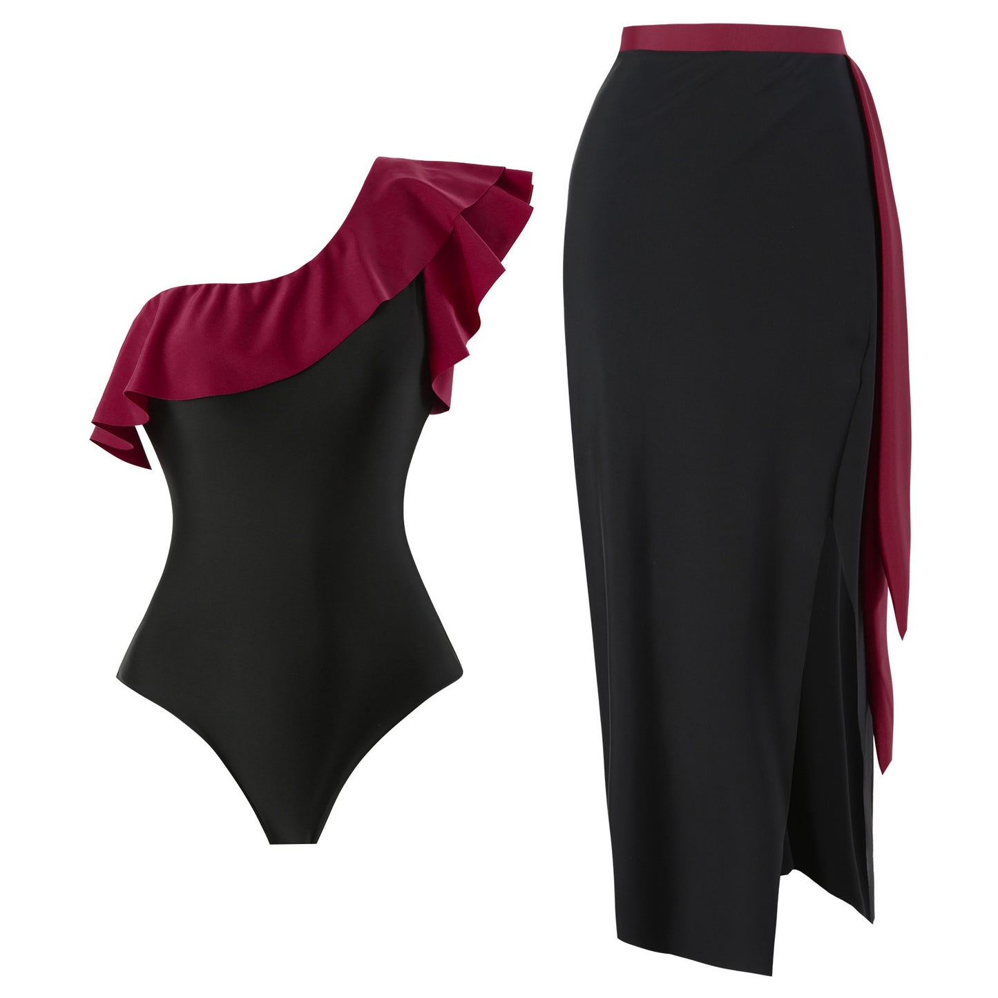 Dame elegant heldragt badedragt med asymmetrisk ruffles design og matchende omslagsskørt Stilla