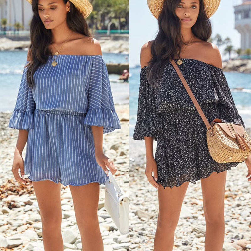 Dame Offshoulder jumpsuit med flæsedetaljer og elastisk talje Stilla