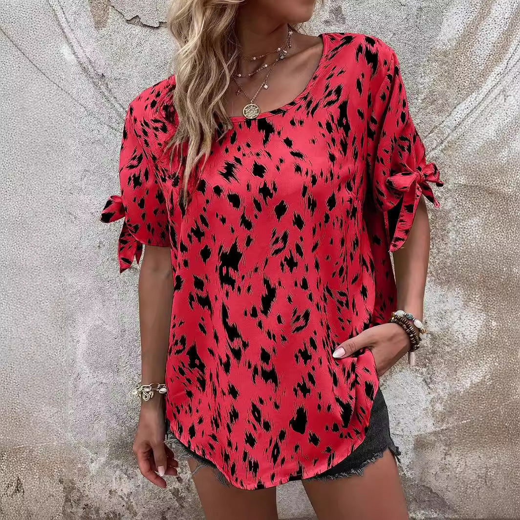 Dame afslappet kortærmet bluse med dekorative bindebånd Stilla