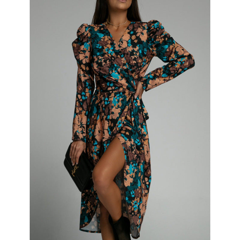 Dame Elegant Blomstret Print Wrap Kjole med Sidelængde Stilla