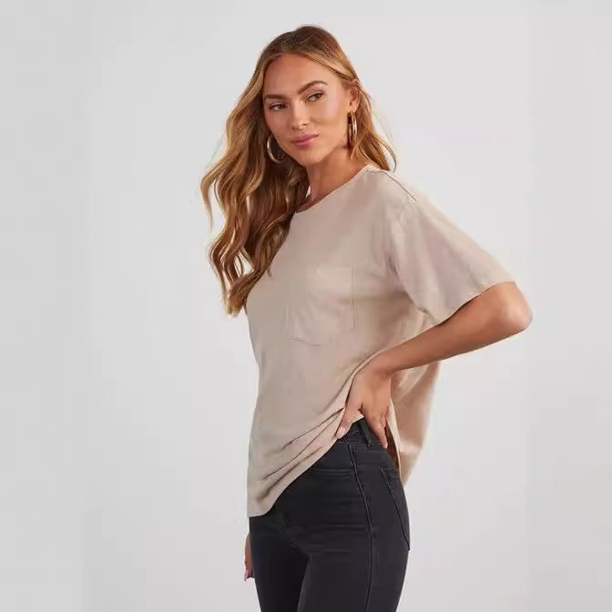 Dame afslappet oversized T-shirt med brystlomme og høj kvalitets bomuldsblanding Stilla