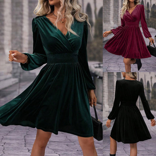 Dame elegant fløjelkjole med lange ærmer Stilla