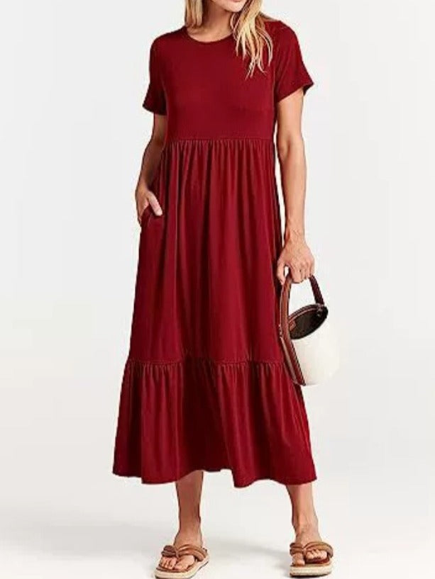 Dame afslappet maxikjole med lommer og voluminøst skørt Stilla