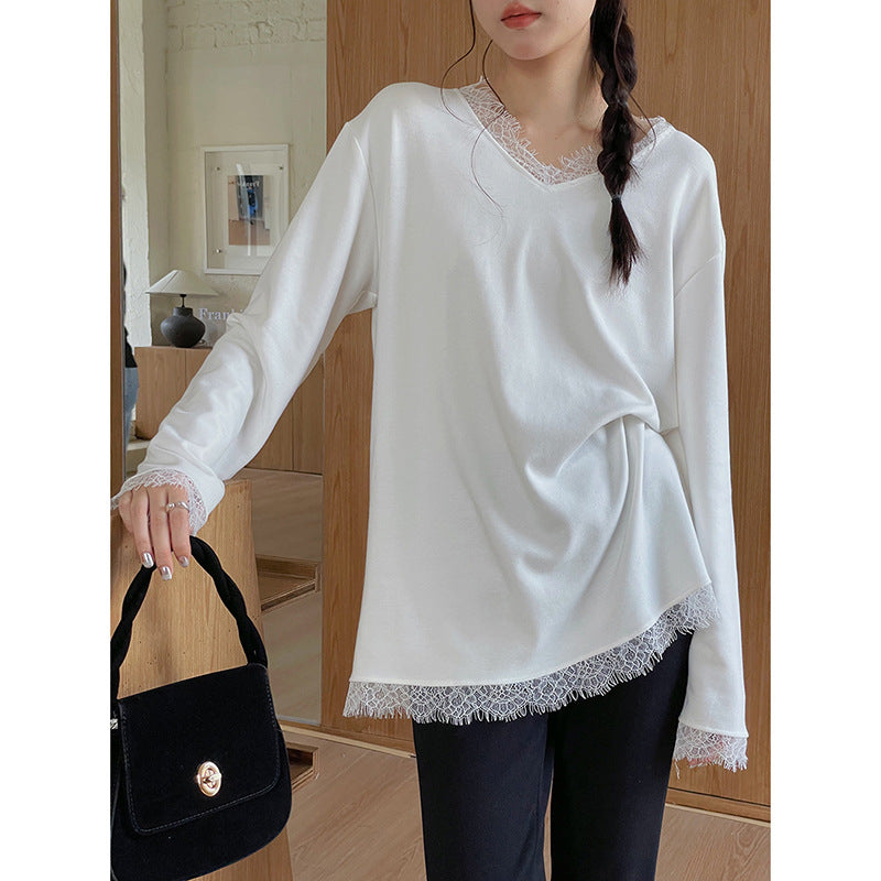 Dame afslappet langærmet skjorte med fine spidsdetaljer og sideknude Stilla