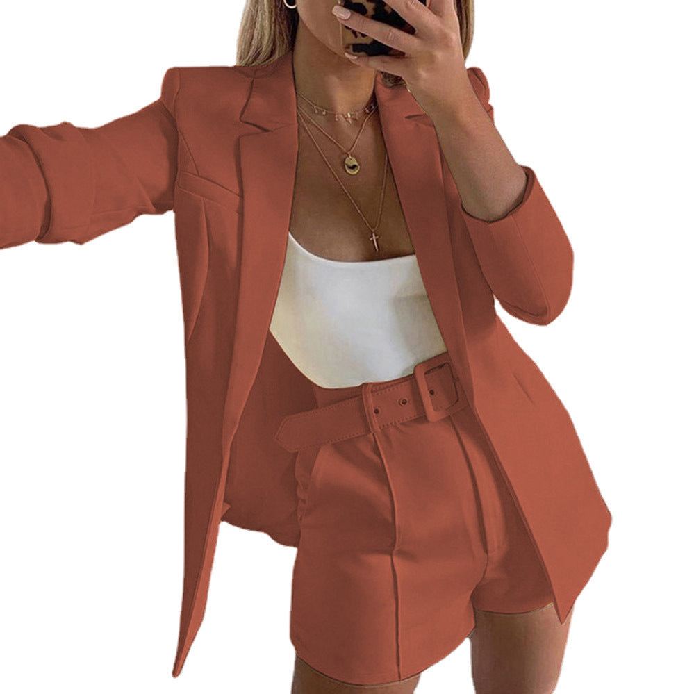 Dame afslappet blazer-shorts-sæt med taljebælte Stilla