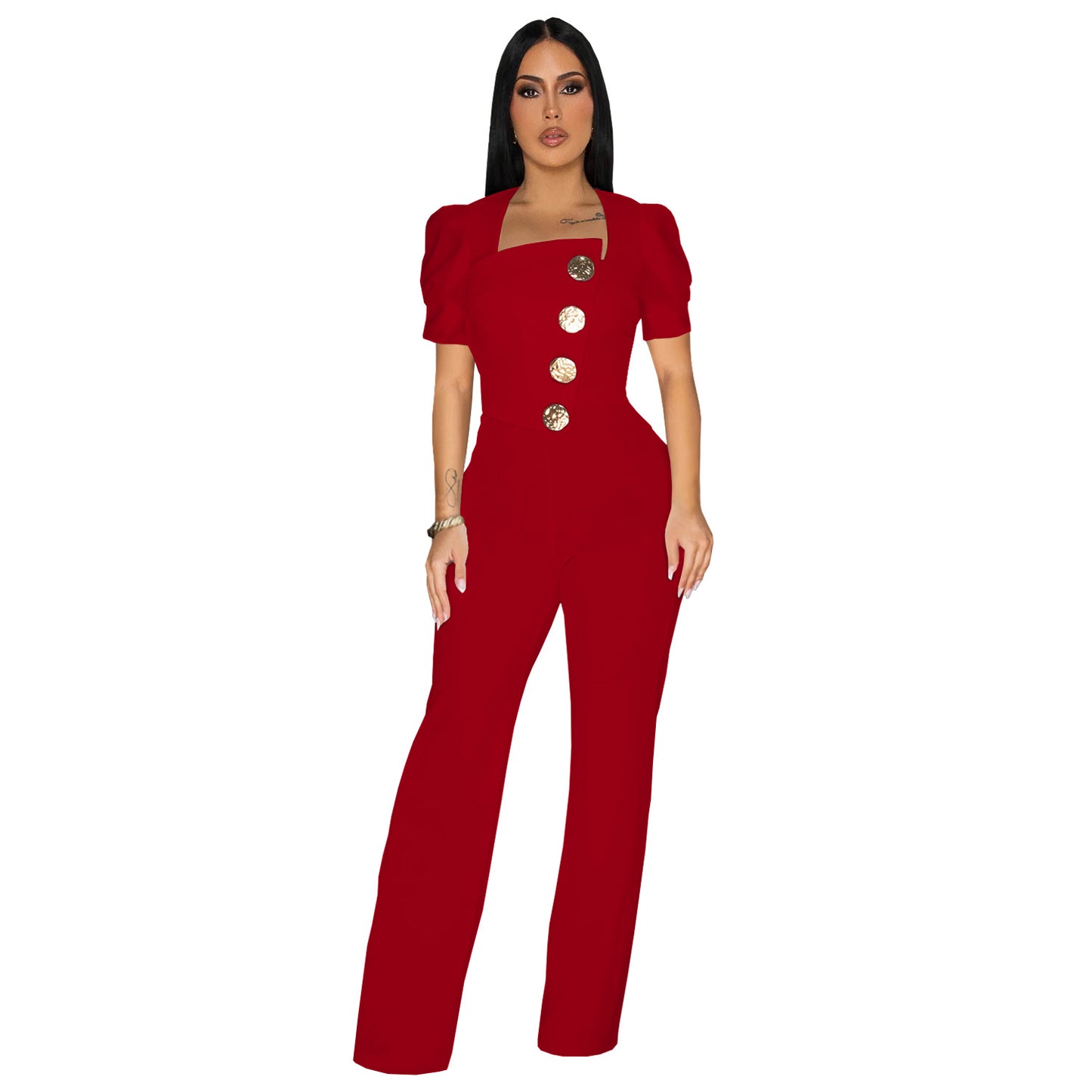Dame Elegant Jumpsuit med smagfulde knapdetaljer og puffærmer Stilla