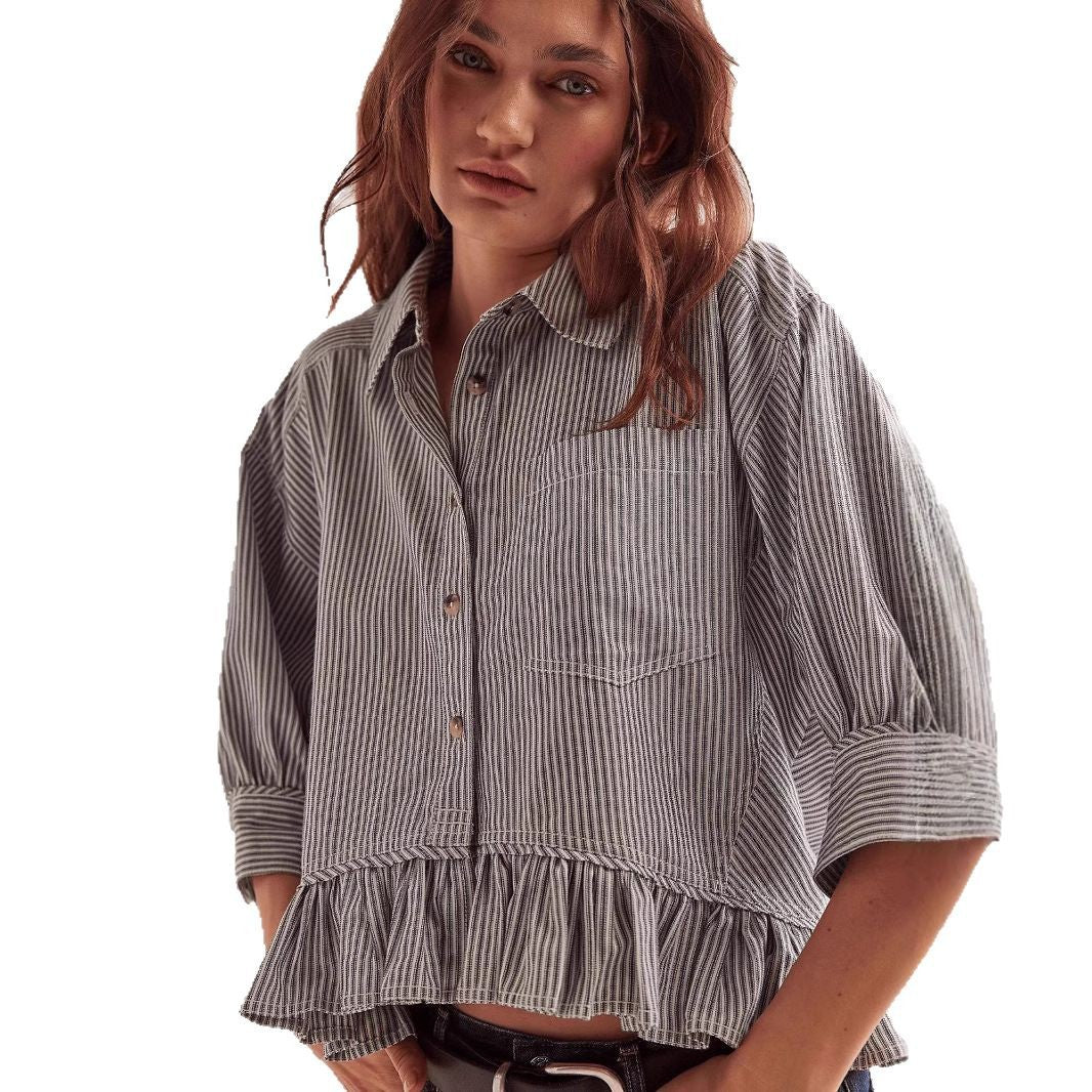 Dame afslappet blusejakke med flæse Stilla