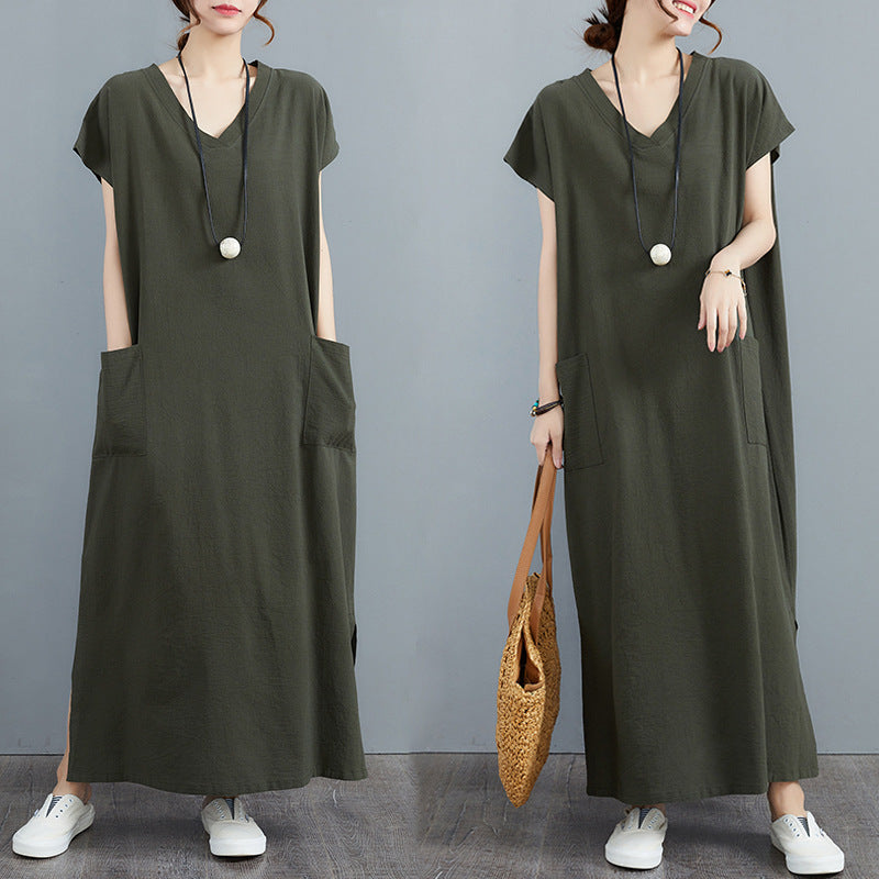 Dame afslappet maxikjole med V-udskæring og praktiske lommer Stilla