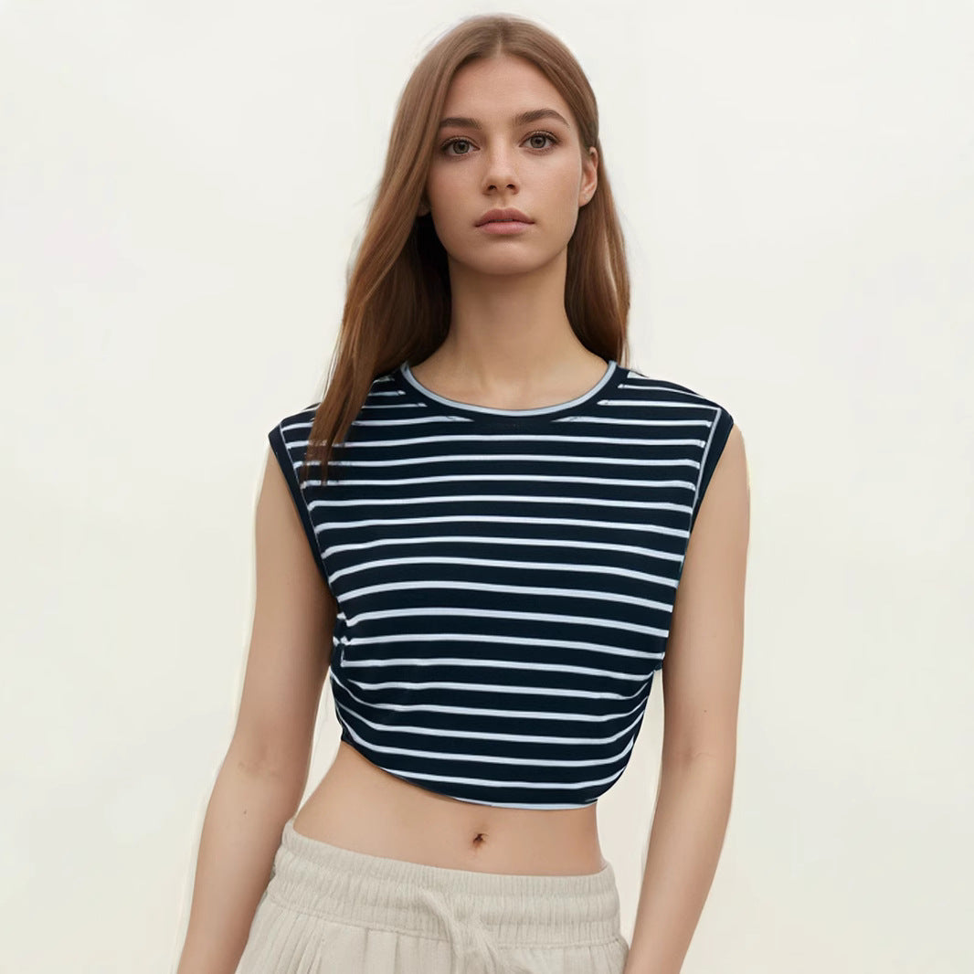 Dame Cropped T-Shirt med vidde ærmer og stribemønster Stilla