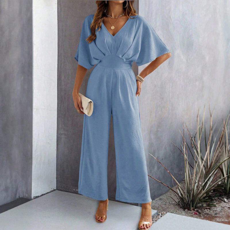 Dame Elegant Bredbenet Jumpsuit med Draperede Ærmer Stilla