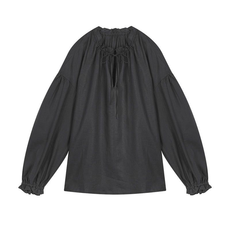 Dame afslappet bluse shirt med detaljeret snøre og puffærmer Stilla