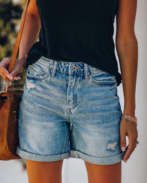 Dame denim shorts med afslappet pasform og frynset afslutning Stilla