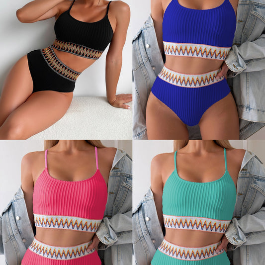 Dame bikini-sæt med trendy stribet top og højt skårede bukser Stilla