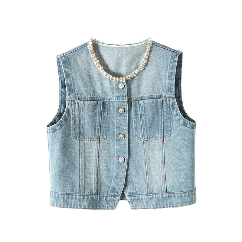Dame Denim Vest i afslappet look med praktiske lommer og knapliste Stilla