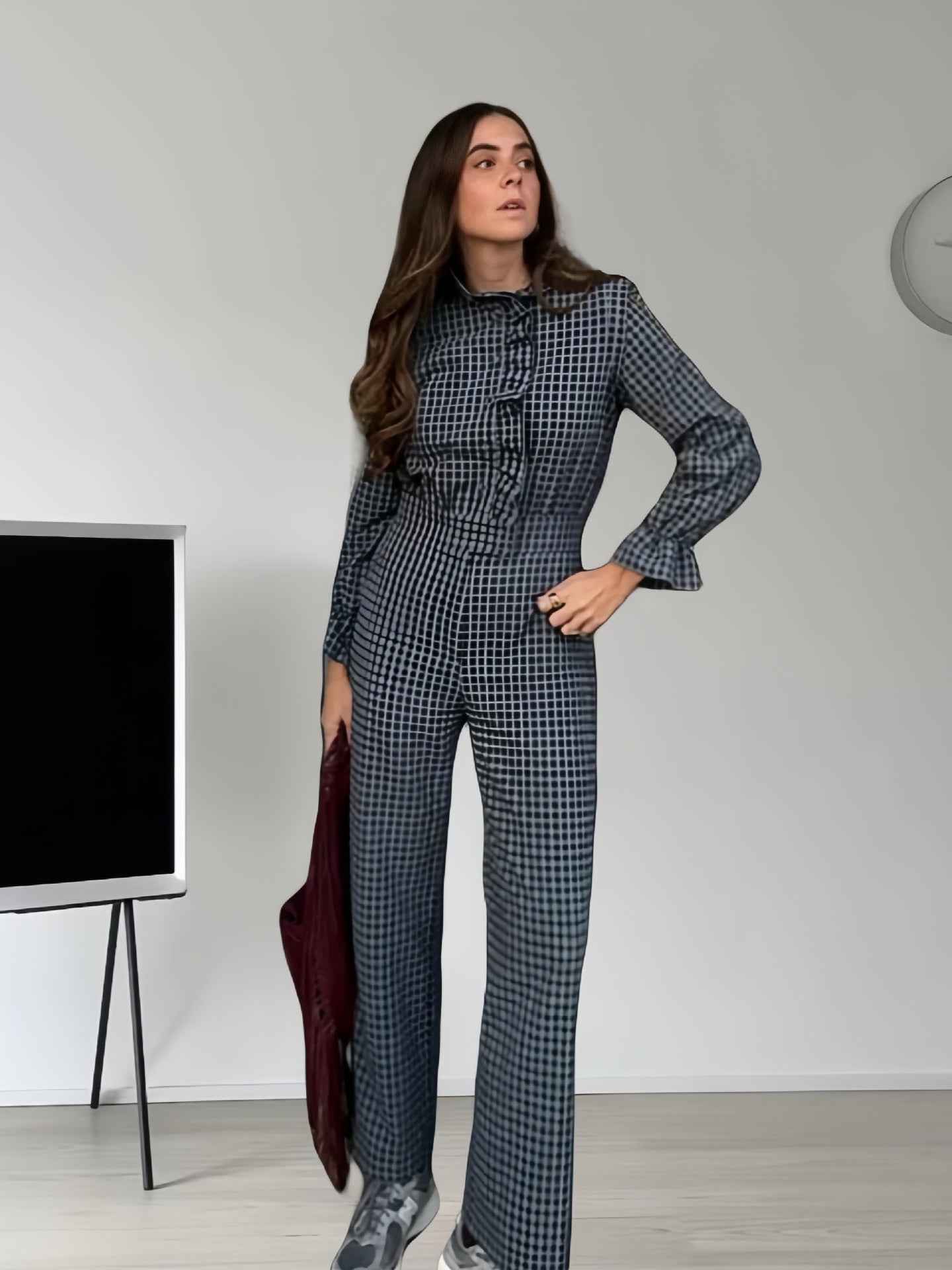 Damer Glamourøst Rutig Mønster Jumpsuit med Høj Krave og Knapfront Stilla